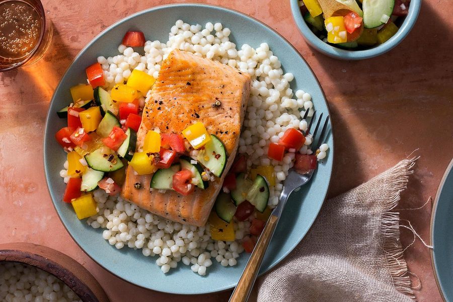 Seared salmon with pearl couscous and salsa fresca