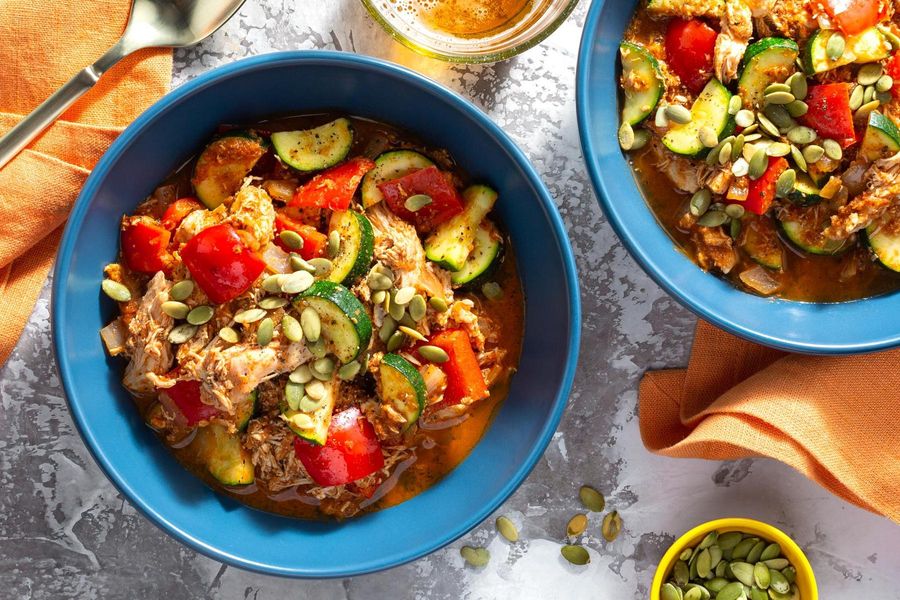 Mexican pulled chicken with zucchini, bell pepper, and pumpkin seeds