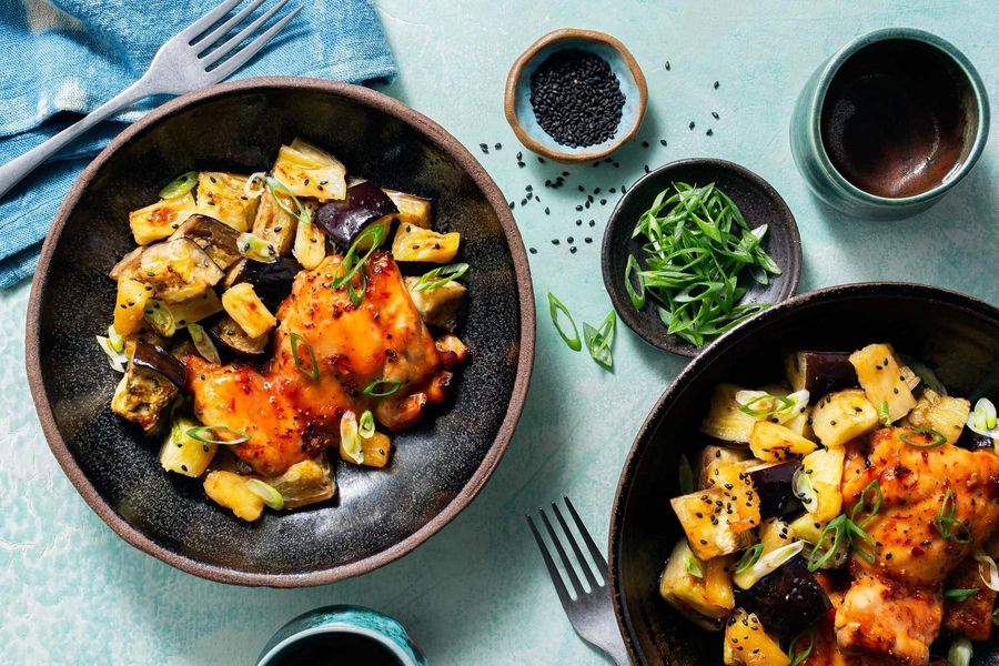 Roasted sweet and spicy chicken with eggplant and pineapple
