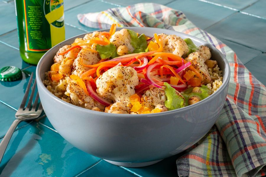 Middle Eastern chickpea and freekeh grain bowl with herb yogurt