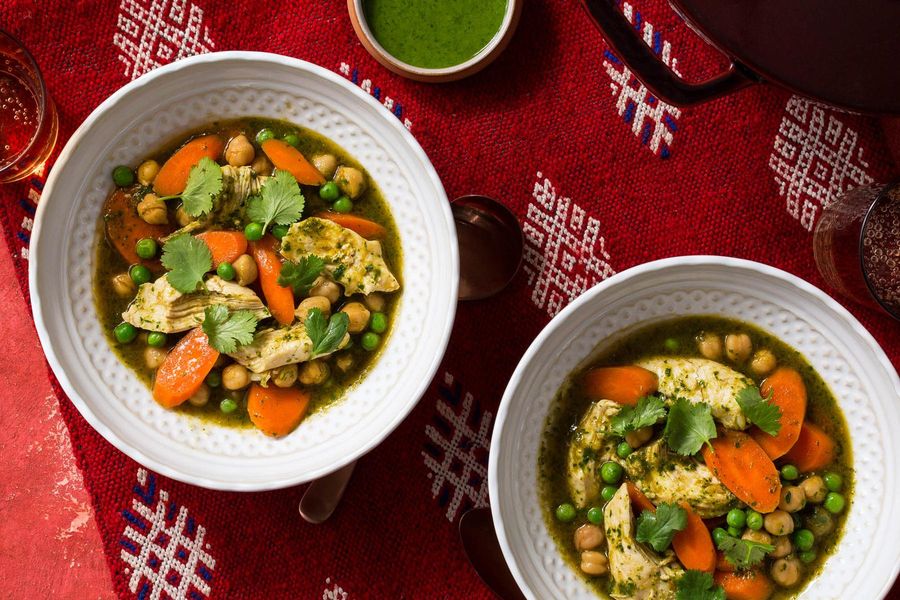 North African chicken stew with chickpeas, carrots, and chermoula