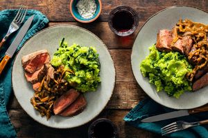 Seared steaks with green goddess mashed potatoes and porcini pan sauce