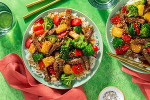 Hawaiian steak stir-fry with broccoli and pineapple over steamed rice