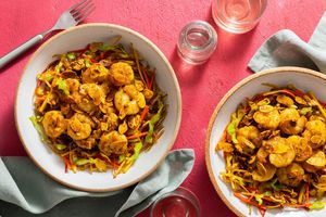 Singapore-style cabbage bowls with curried shrimp and spiced almonds