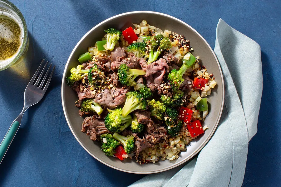 Asian-style steak with tamari sauce, broccoli, and cauliflower “rice”