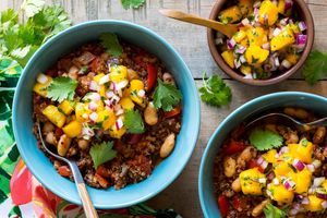 Spicy Jamaican jerk quinoa and white bean chili with mango salsa