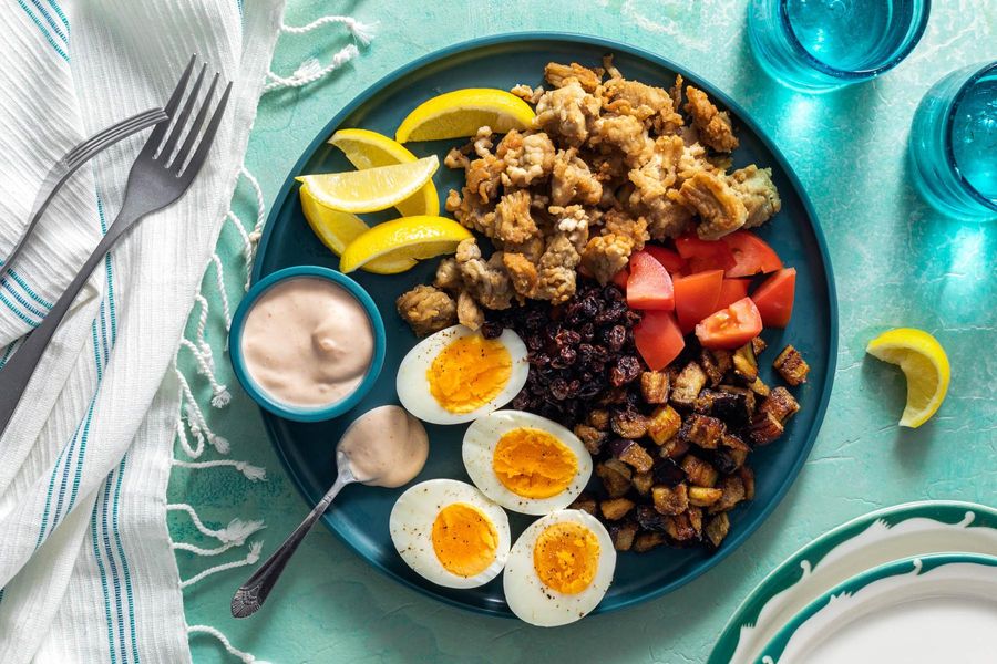 Mediterranean meze platter with eggplant and your choice of protein