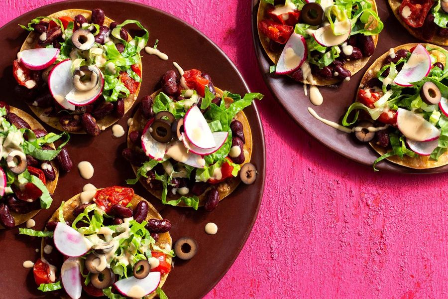 Chili “cheese” tostadas with radishes and tomatoes