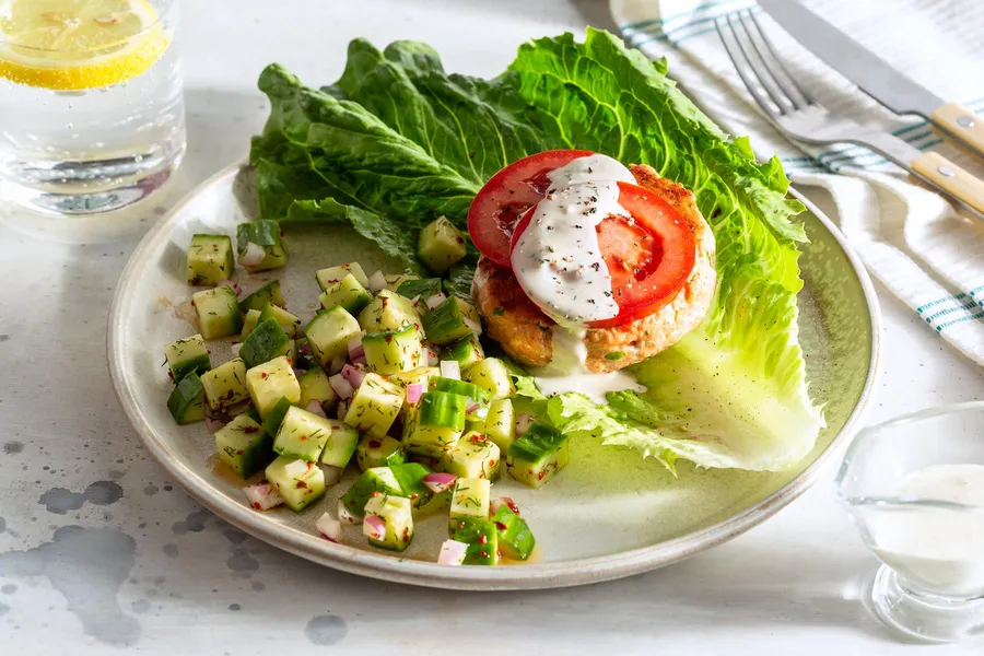 Lettuce-wrapped salmon burgers with lemon-dill aioli