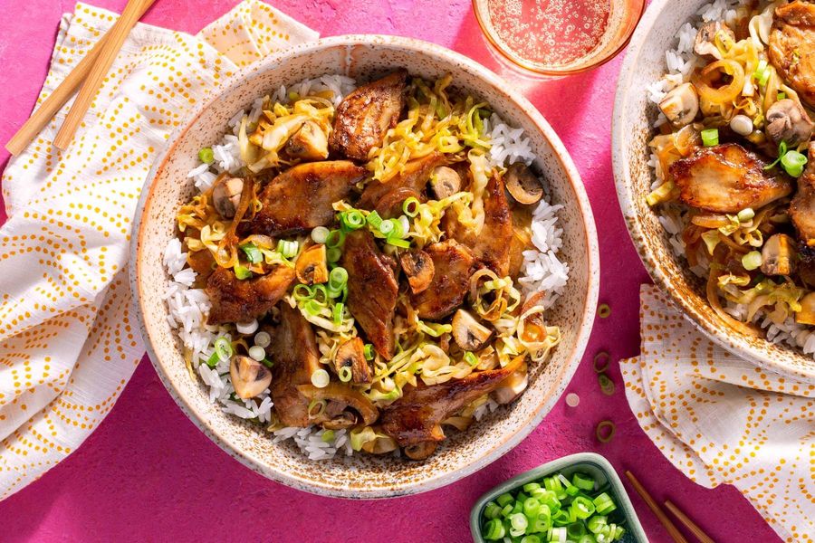 Five-spice stir-fry with cabbage and mushrooms over jasmine rice