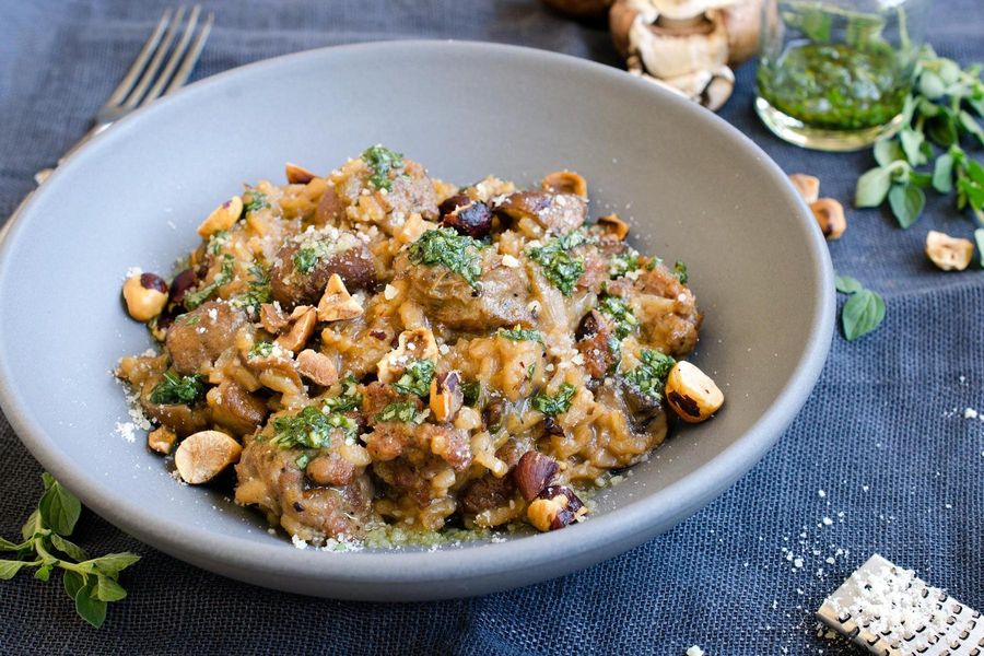Italian sausage and mushroom risotto with basil oil 