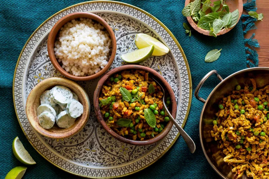 Turkey keema with peas and cucumber raita