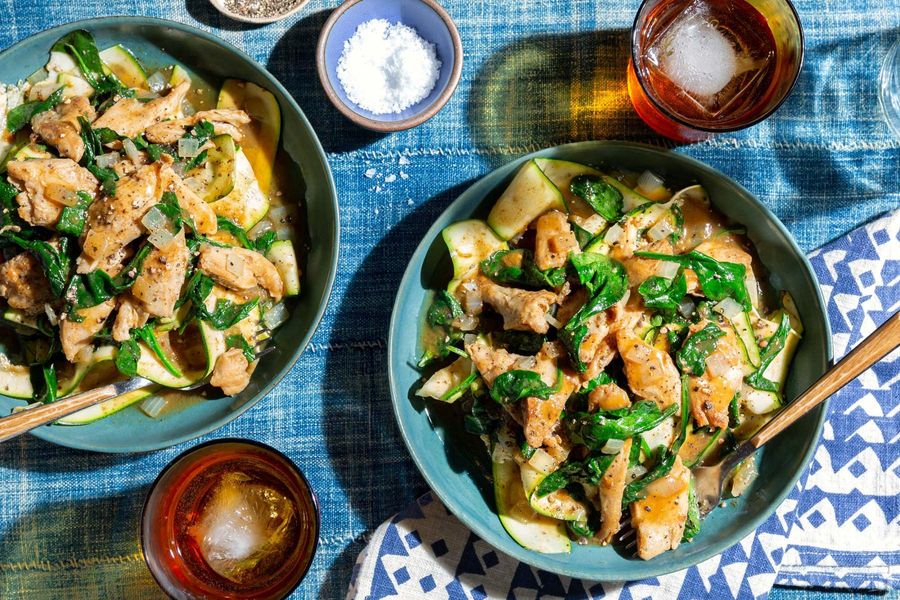 Stroganoff and spinach over zucchini “noodles”