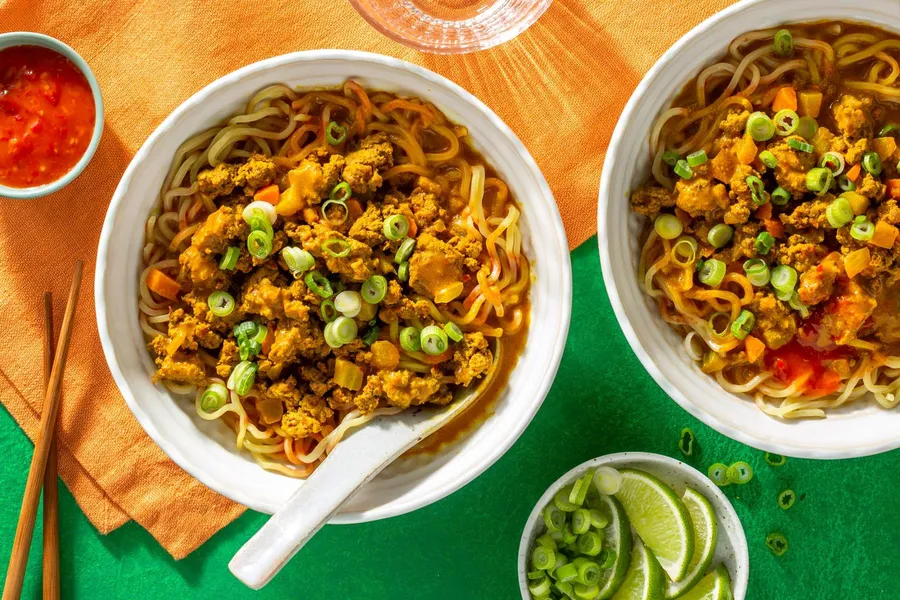 Burmese beef khow suey with ramen noodles in coconut-curry broth