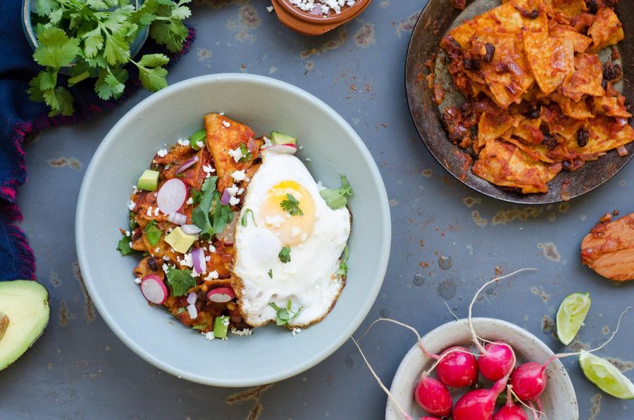 Chipotle chilaquiles with black beans