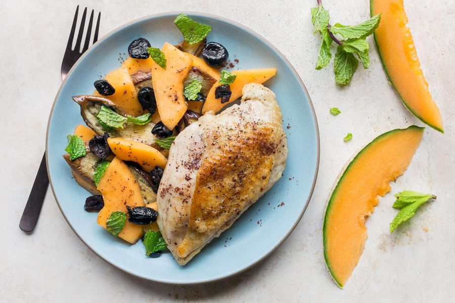 Roast chicken breasts with eggplant-melon salad
