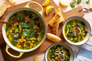 Two-bean soup with spinach, caramelized onions, and toasted ciabatta