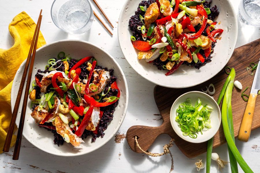Gong Bao–style stir-fry with cashews and black rice
