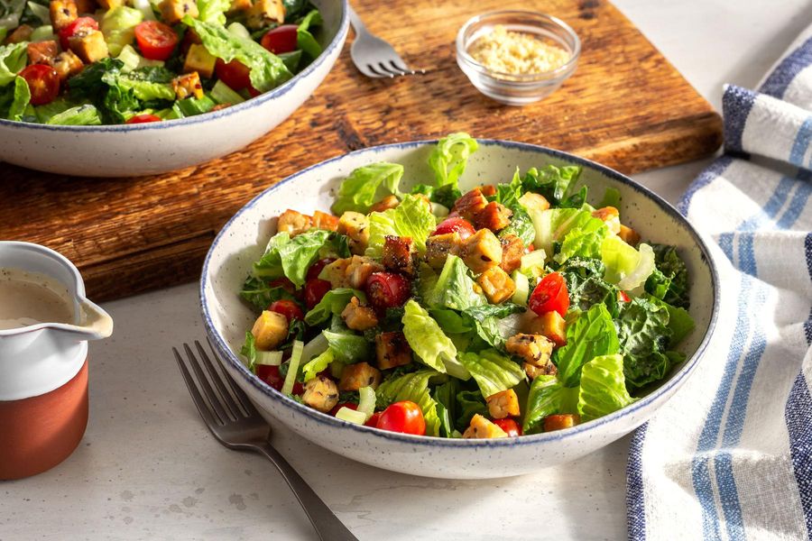 Vegan Caesar salad with tempeh croutons
