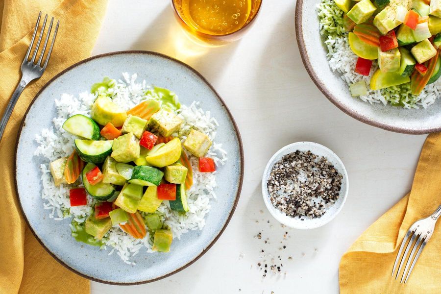 Spicy Thai green curry with zucchini, bell pepper, and jasmine rice