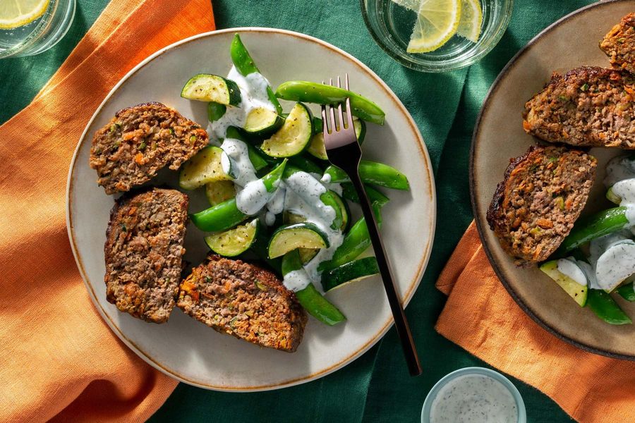 Meatloaf with spring vegetables and lemon-dill aioli