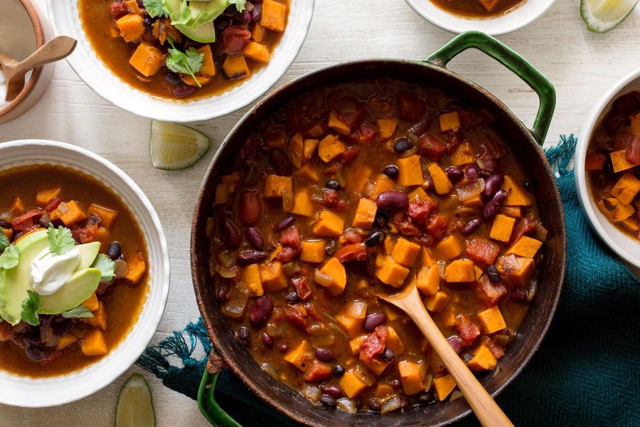 Sweet potato and two-bean chili with lime yogurt