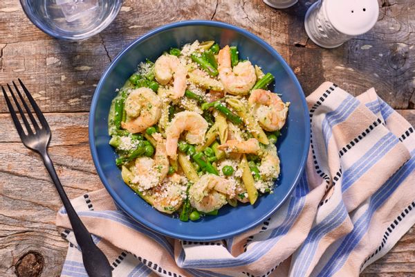 Spinach Walnut Pesto with Chickpea Penne with Shrimp
