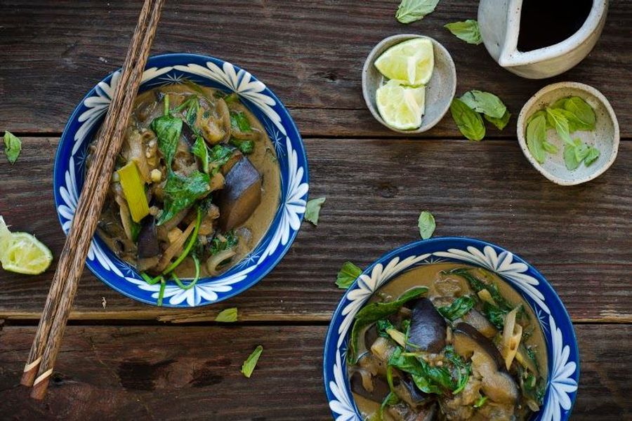 Braised Japanese eggplant with coconut milk and spinach