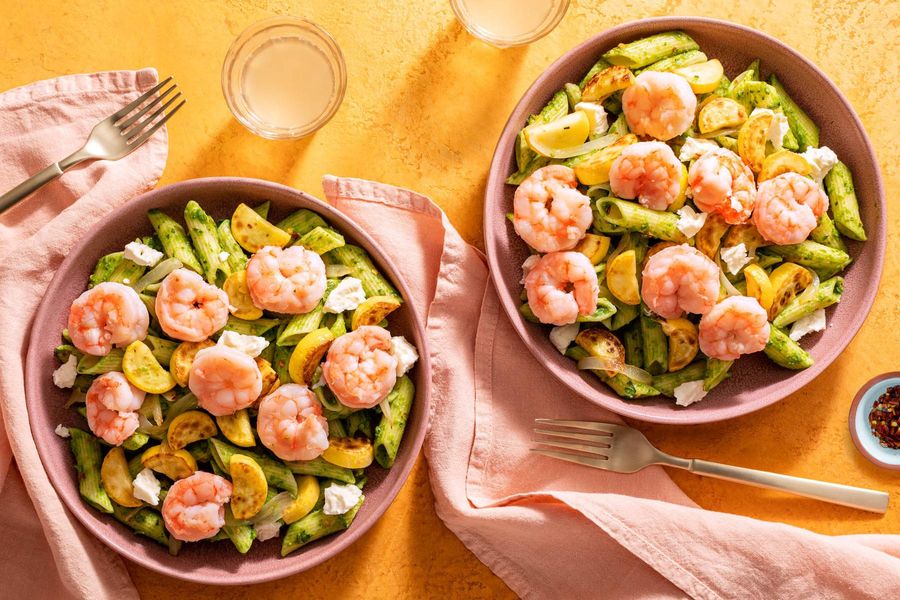 Penne with your choice of protein, squash, and sweet pea pistou