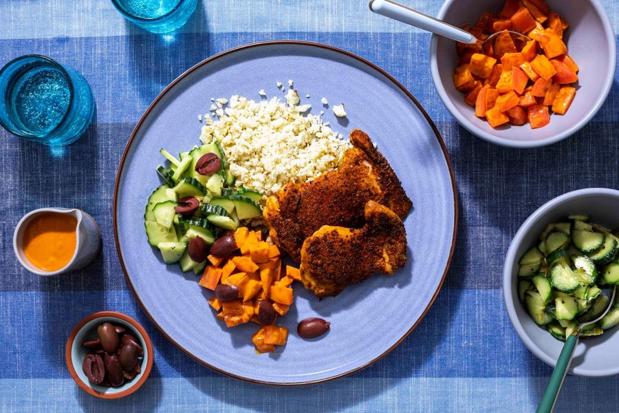Mediterranean meze platter with chicken and spicy tahini dressing