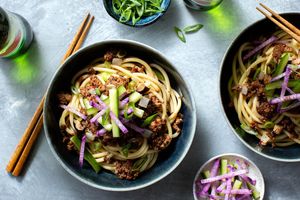 Spicy Chinese zhajiang noodles with pork and shiitake mushrooms