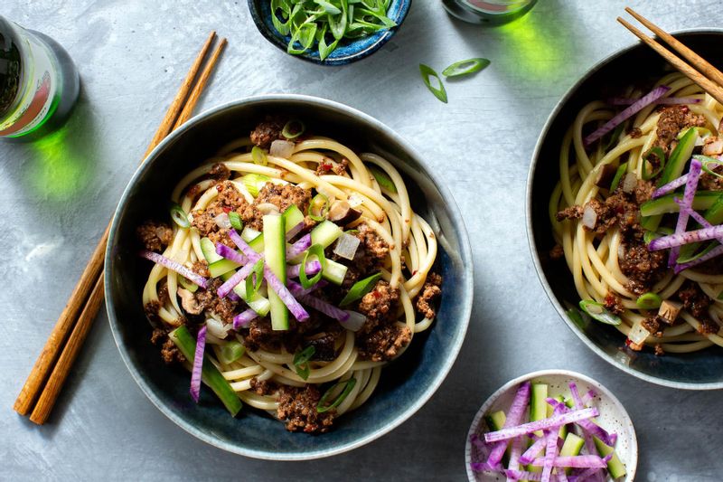 Spicy Chinese Zhajiang Noodles with Pork and Shiitake Mushrooms Sunbasket