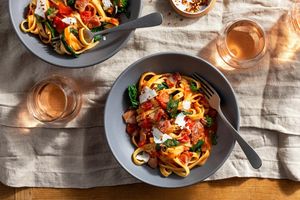 Fresh fettuccine with prosciutto, broccoli rabe, and ricotta salata