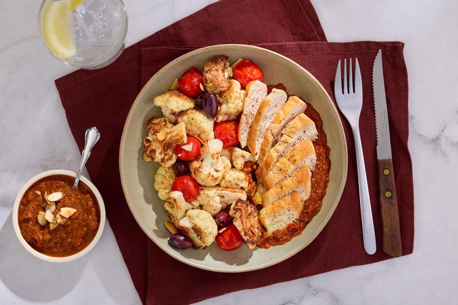 Your choice of protein with roasted red pepper ajvar and cauliflower
