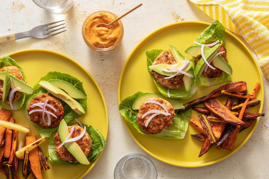 Lettuce-wrapped turkey and avocado "sliders" with root vegetable fries