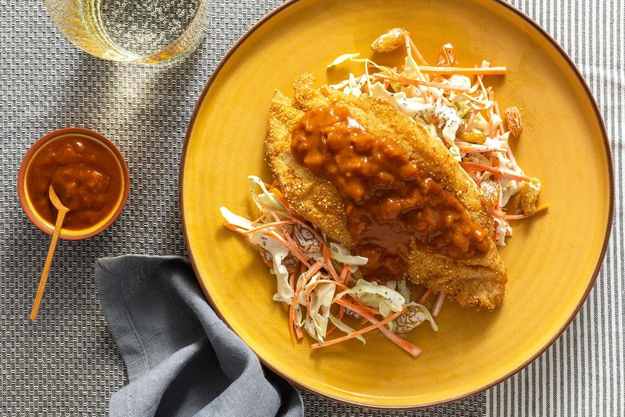 Pan-fried sole with nectarine BBQ sauce and carrot-raisin slaw