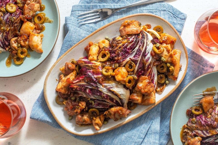 Chicken Marbella with olives, dates, and chicory