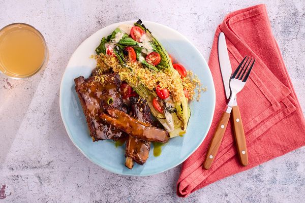 BBQ Ribs and seared caesar salad and lemony breadcrumbs