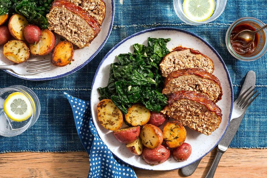 BBQ meatloaf with garlicky greens and rosemary-roasted potatoes