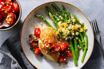 Seared Chicken Breasts with Tomato Salsa, Asparagus, and Chopped Eggs ...