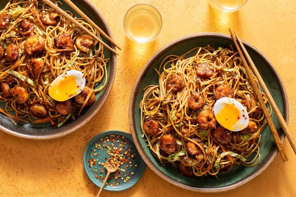 Pork lo mein with cabbage, black soybean sauce, and soft-cooked eggs