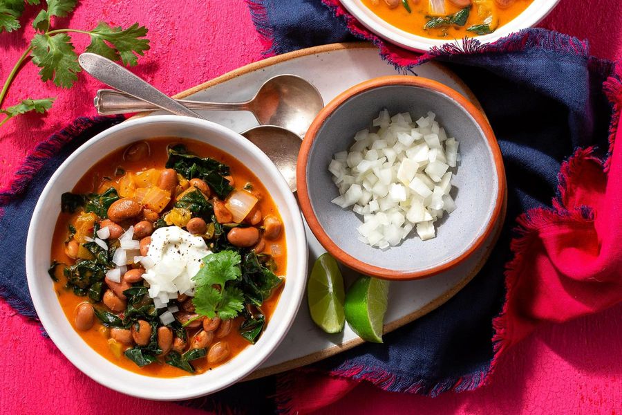 Southwestern chili with pinto beans, kale, and lime yogurt