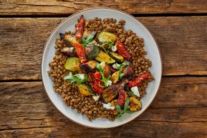 Braised lentils with rustic vegetable ratatouille and feta
