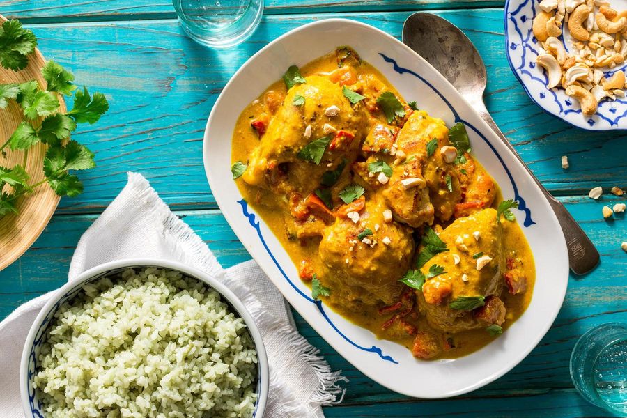 Massaman chicken curry with roasted red peppers and jade rice