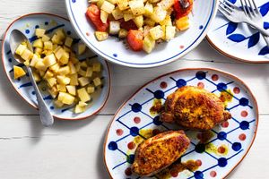 Tina’s curried pork with roasted kohlrabi and apple-ginger compote
