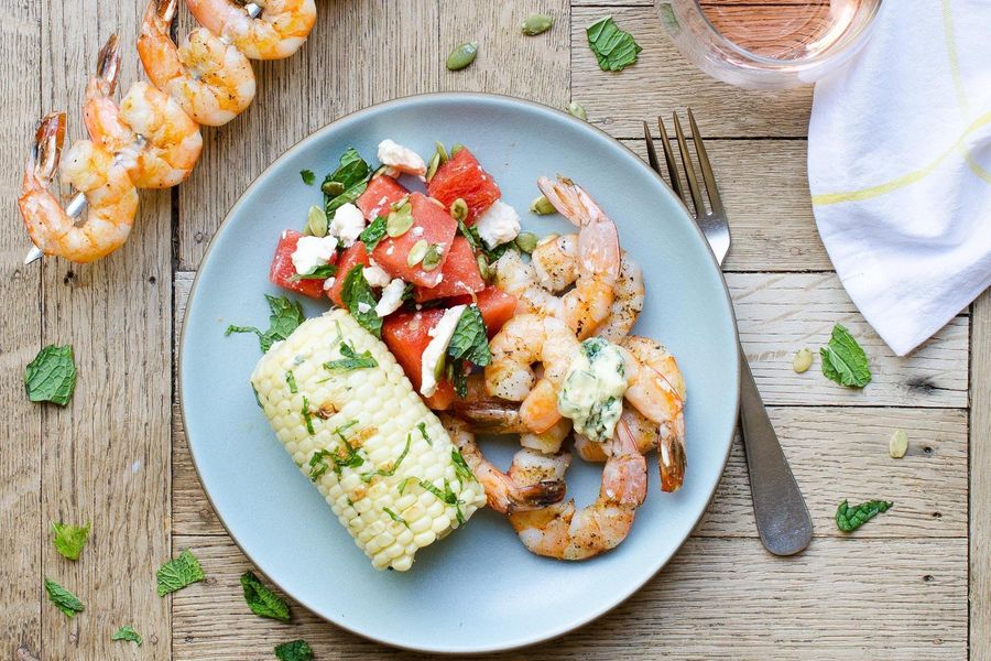 Grilled shrimp with watermelon-feta salad and grilled corn