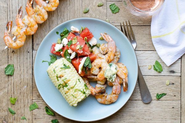 Grilled shrimp with watermelon-feta salad and grilled corn
