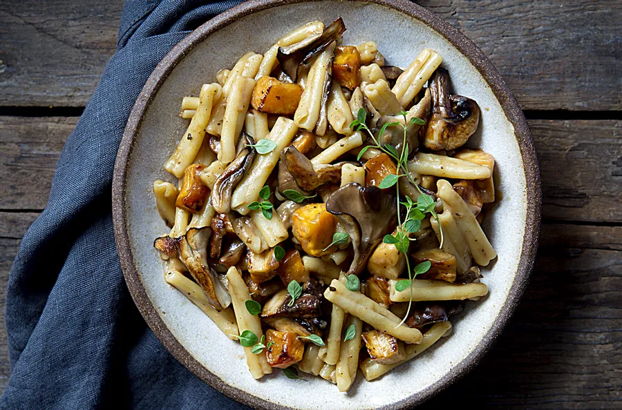 Casareccia pasta with butternut squash and truffle buttered mushrooms