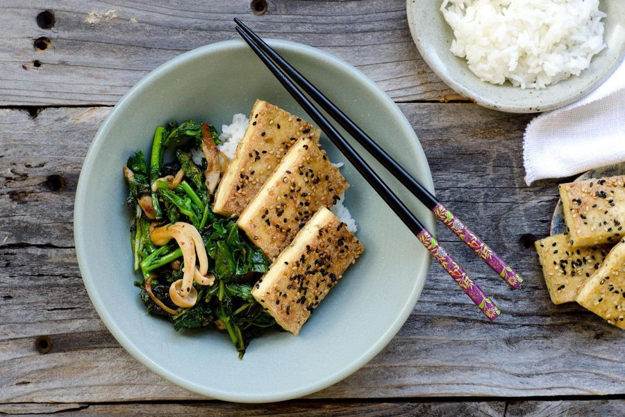 Sesame pepper tofu with Asian greens 