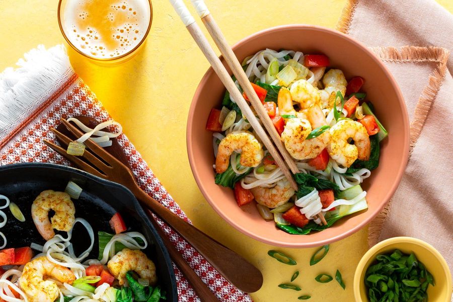 Burmese Shan noodles with tomatoes, scallions, and baby bok choy